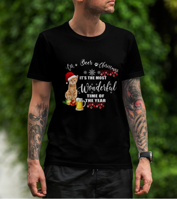 Cat Beer Christmas It's The Most Wonderful Time Of The Year Snowflakes Santa Hat T-Shirt