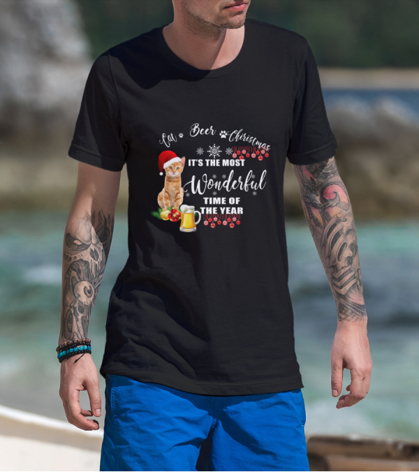 Cat Beer Christmas It's The Most Wonderful Time Of The Year Snowflakes Santa Hat T-Shirt