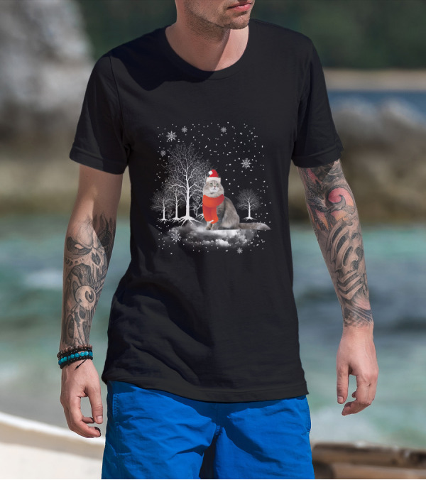 Cat In Snowy Winter Scene With Red Santa Hat And Scarf T-Shirt