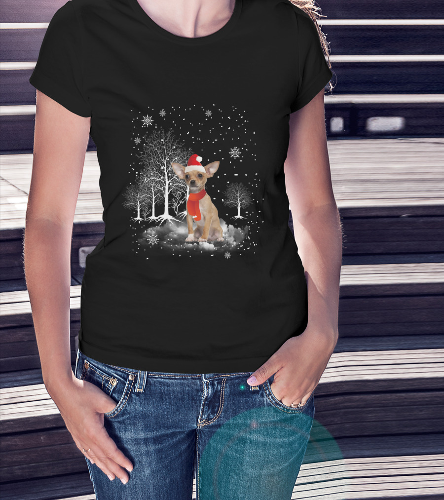 Chihuahua In Santa Hat With Snowflakes And Trees In Winter Wonderland T-Shirt