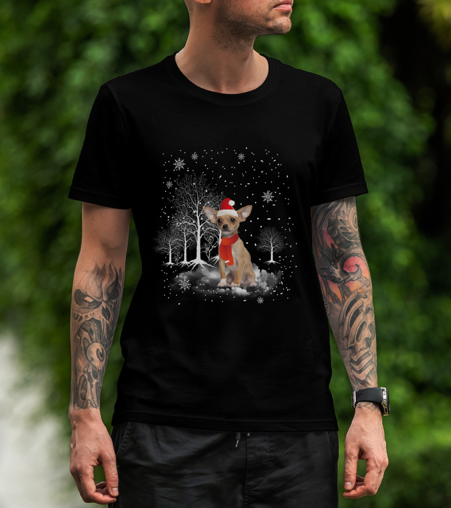 Chihuahua In Santa Hat With Snowflakes And Trees In Winter Wonderland T-Shirt