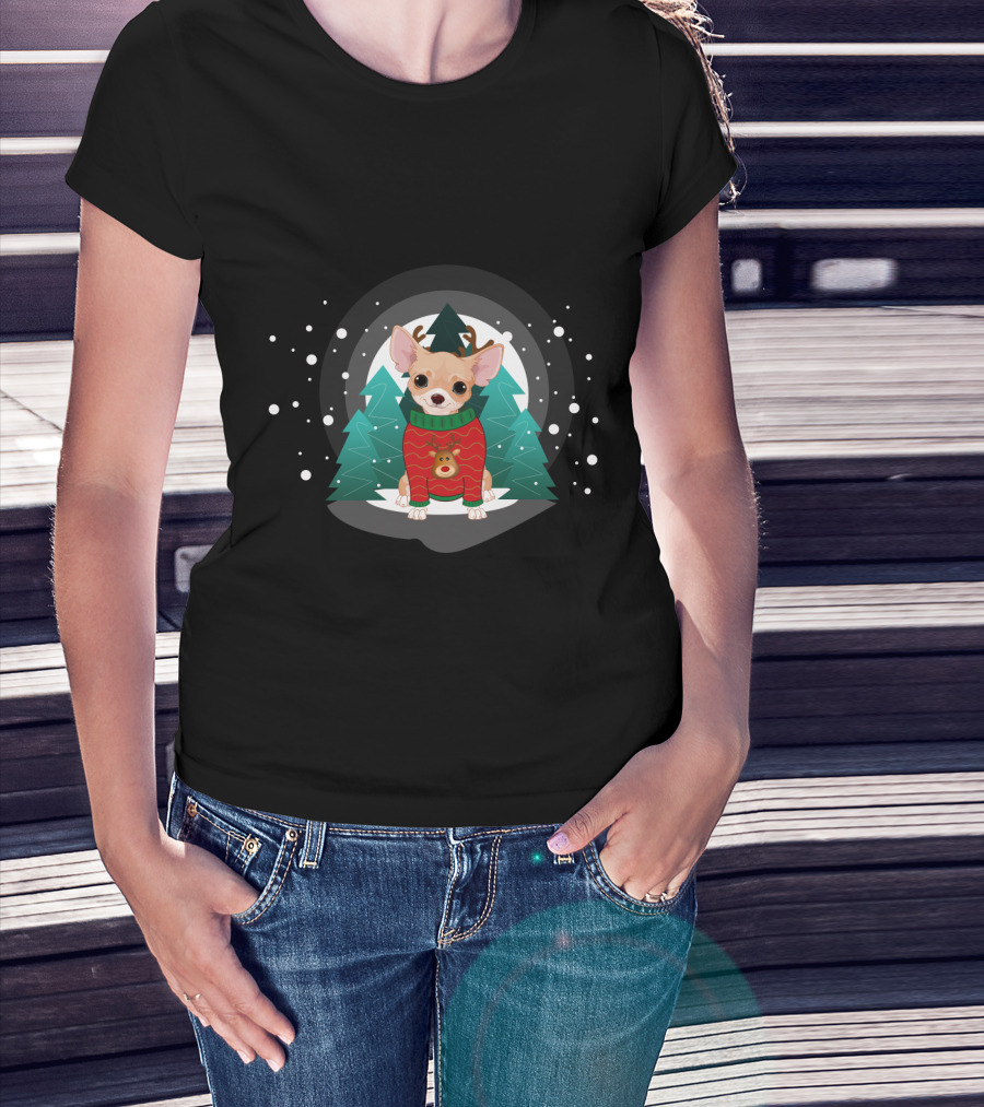 Chihuahua Terrier Wearing Christmas Sweater Snowflake Forest Scene T-Shirt