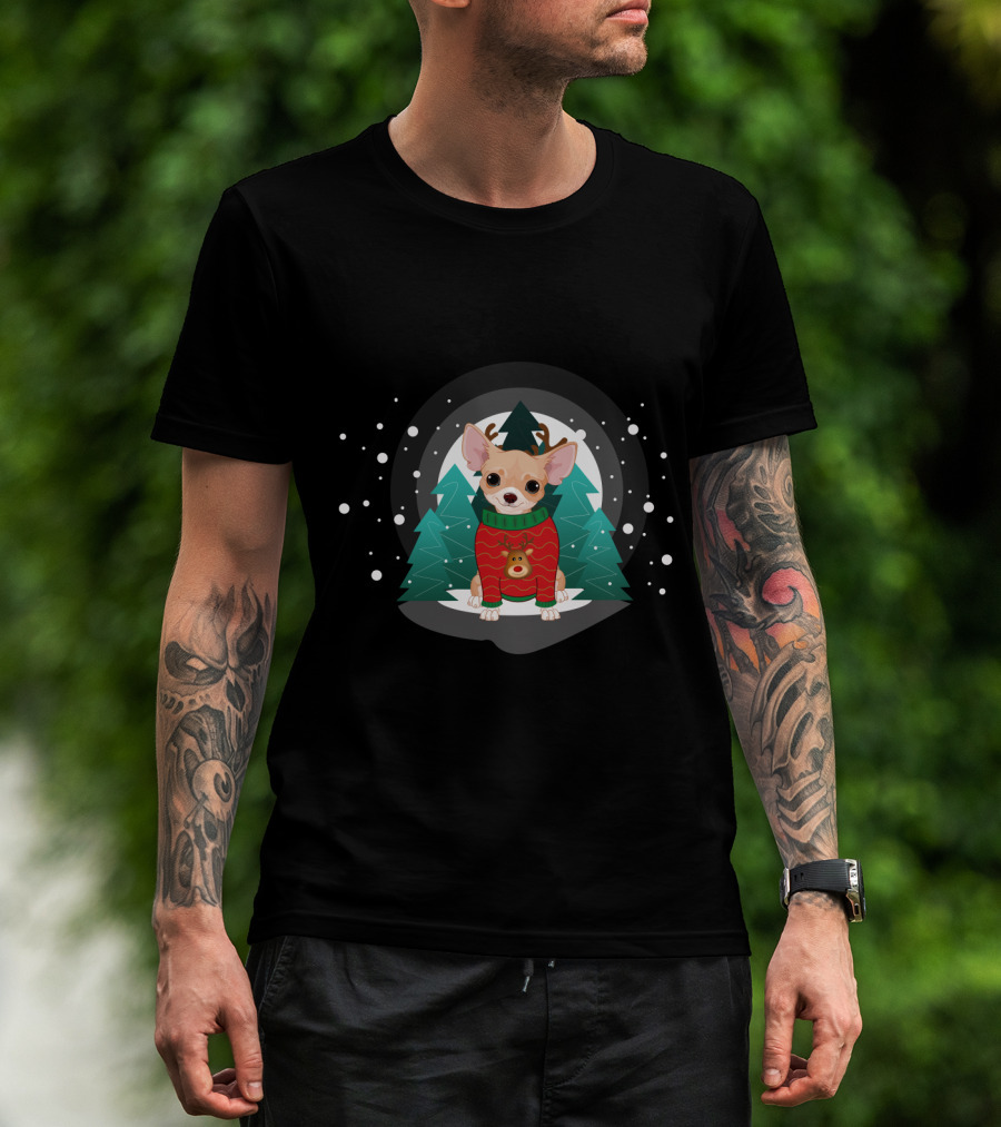 Chihuahua Terrier Wearing Christmas Sweater Snowflake Forest Scene T-Shirt
