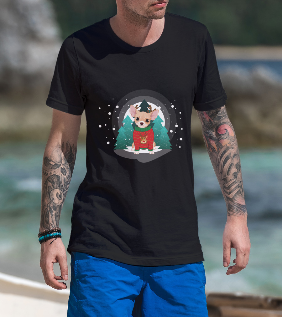 Chihuahua Terrier Wearing Christmas Sweater Snowflake Forest Scene T-Shirt