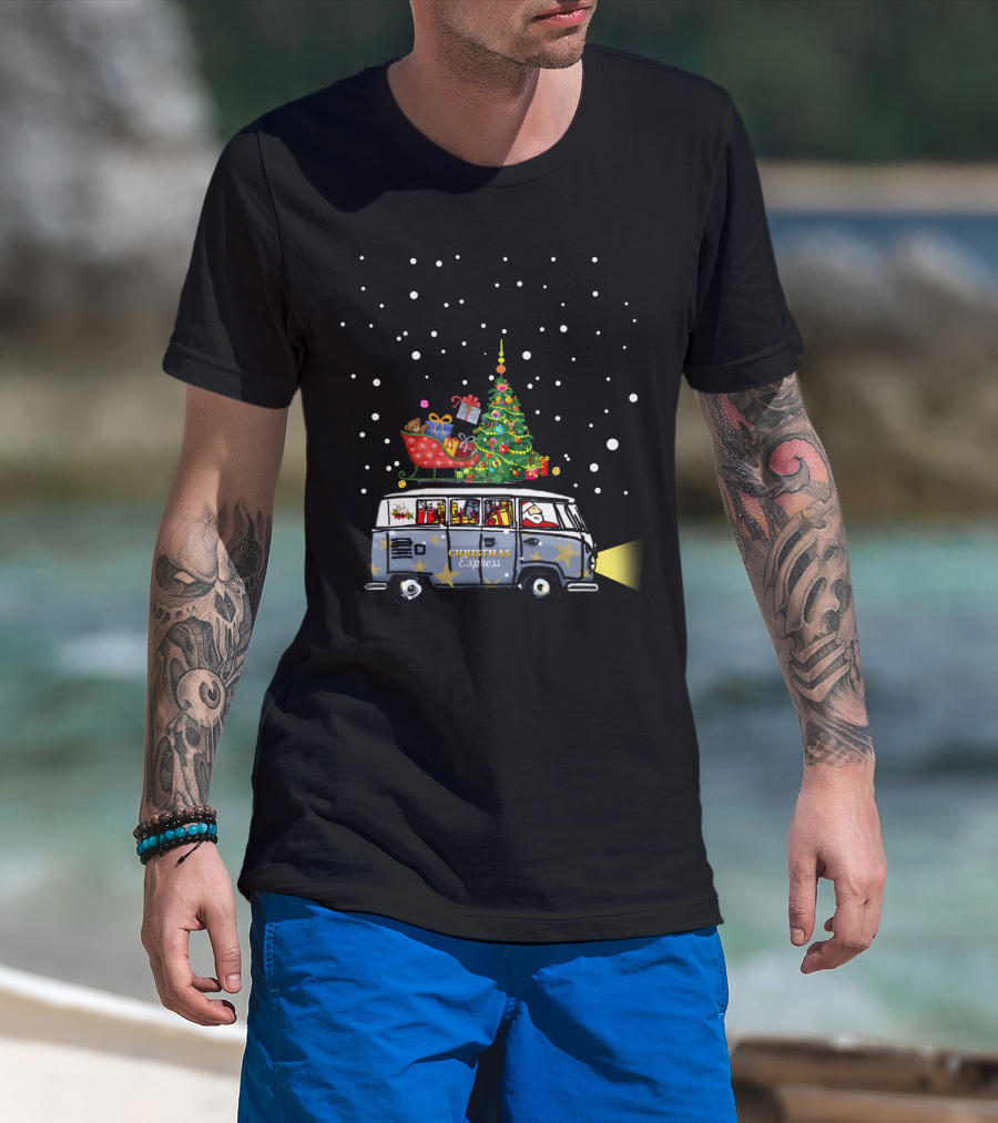 Christmas Express Van With Christmas Tree And Santa In Snowy Scene T-Shirt