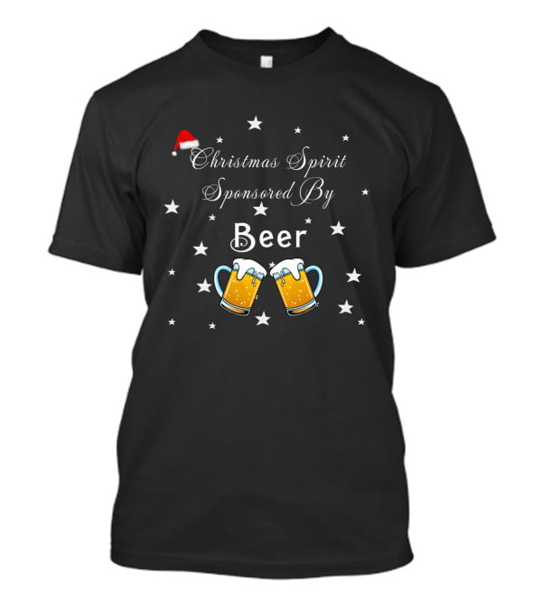 Christmas Spirit Sponsored By Beer With Santa Hat And Star Motif Featuring Beer Mugs T-Shirt