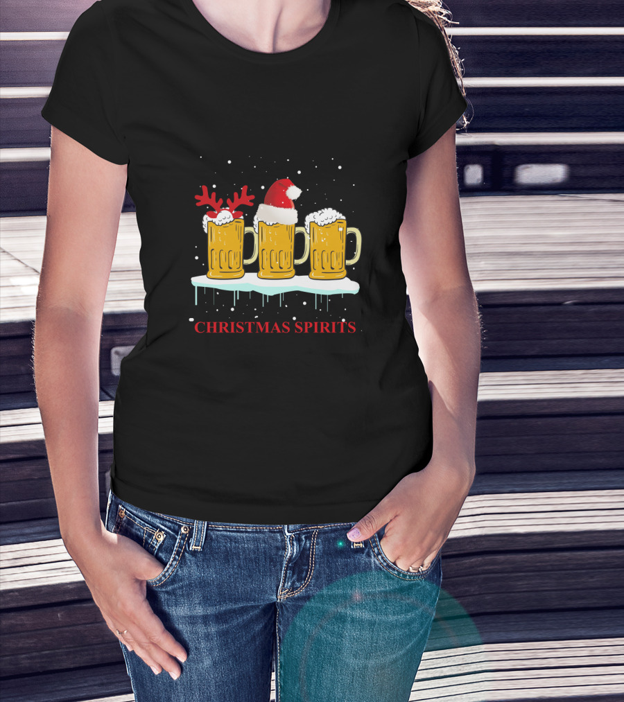 Christmas Spirits Beer Festive Mug Trio With Santa Hat And Reindeer Antlers T-Shirt