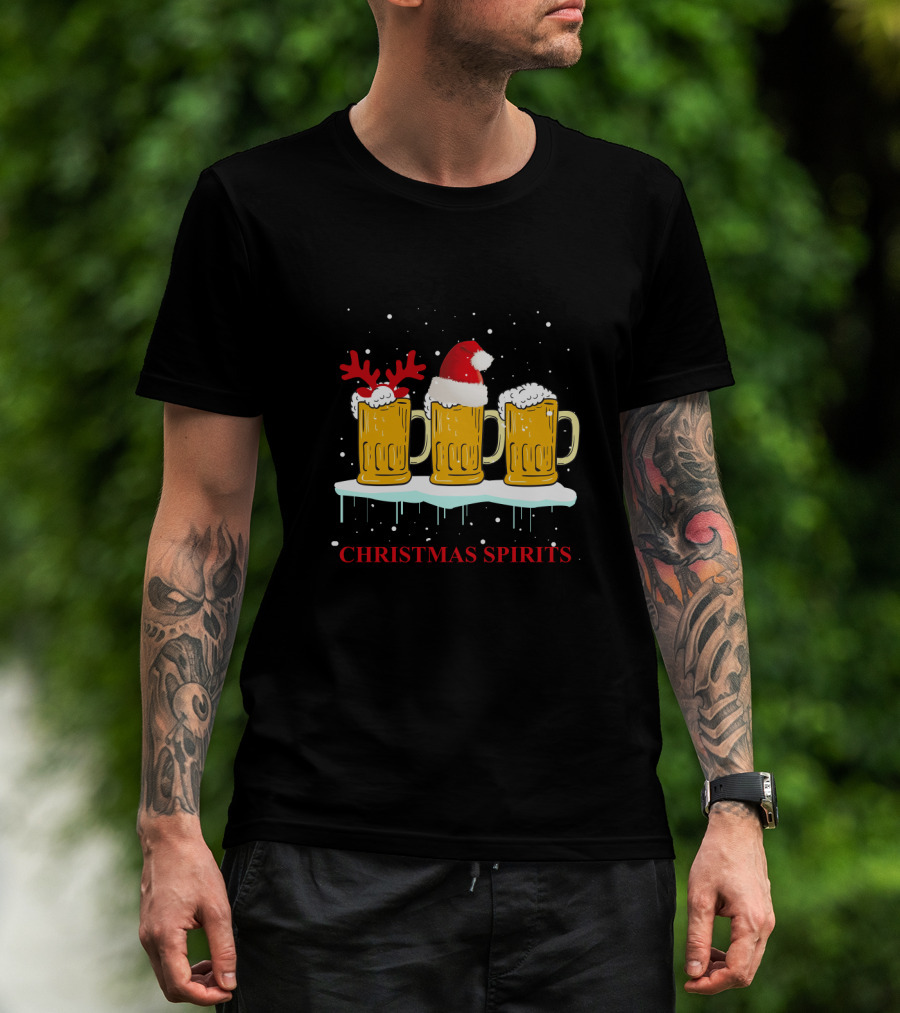 Christmas Spirits Beer Festive Mug Trio With Santa Hat And Reindeer Antlers T-Shirt