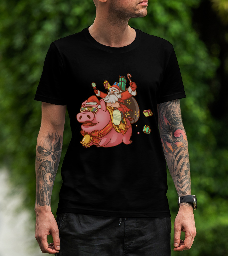 Santa Claus Riding Pig With Candy Canes And Christmas Gifts T-Shirt