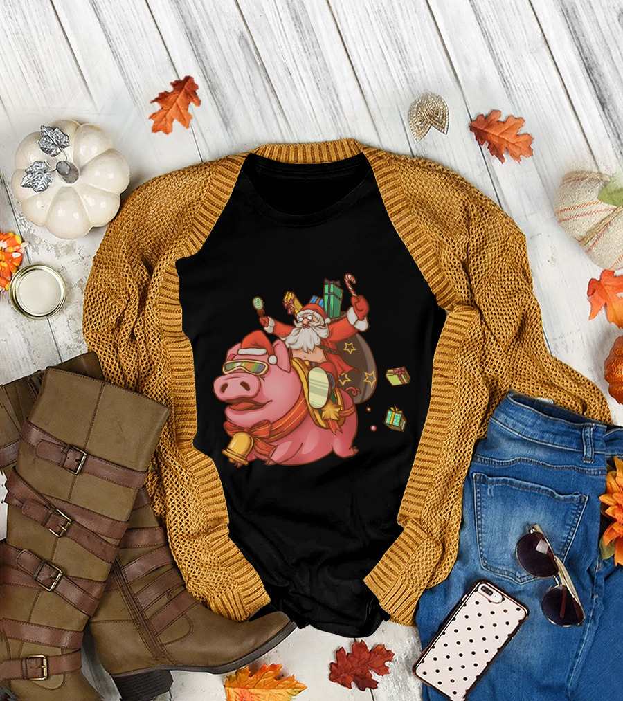 Santa Claus Riding Pig with Candy Canes and Christmas Gifts T-Shirt