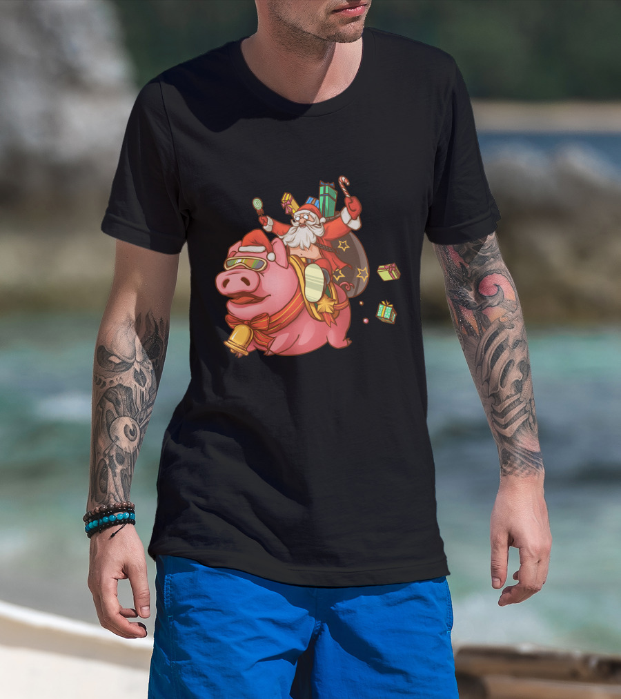 Santa Claus Riding Pig With Candy Canes And Christmas Gifts T-Shirt