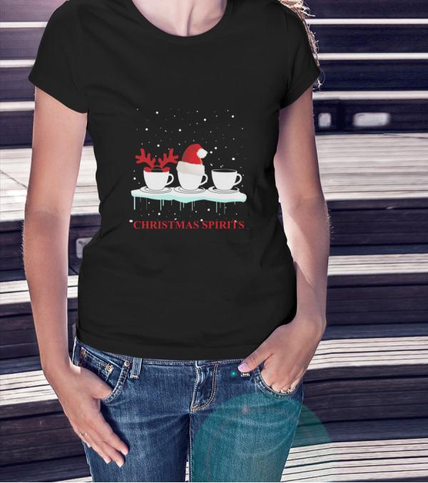 Christmas Spirits Coffee Cups Reindeer Antlers Santa Hat Snowflakes T-Shirt