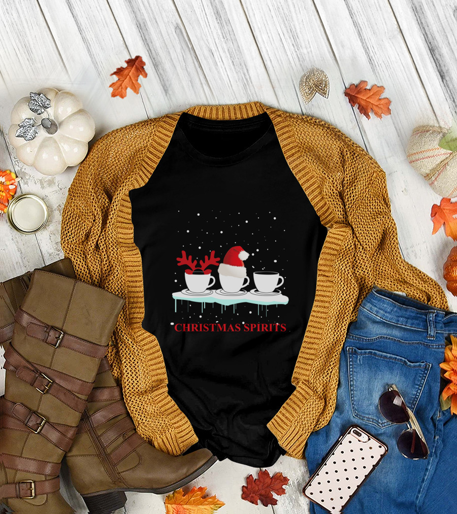 Christmas Spirits Coffee Cups Reindeer Antlers Santa Hat Snowflakes T-Shirt