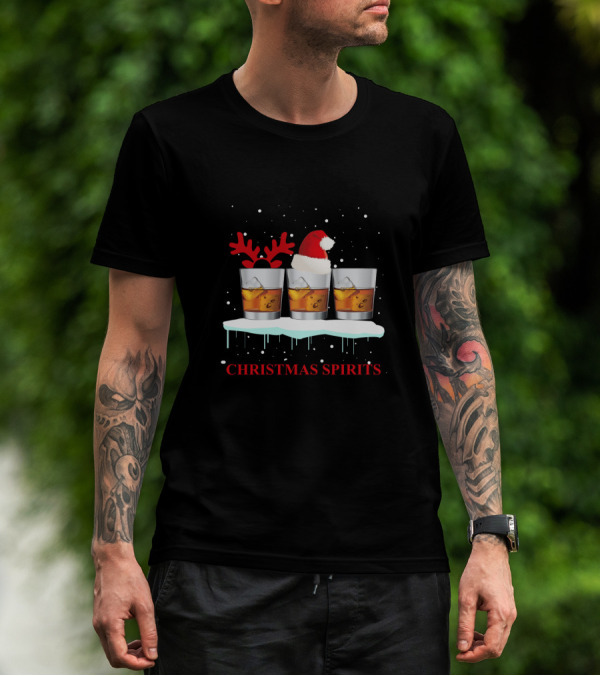Christmas Spirits Whisky Glasses With Santa Hat And Reindeer Antlers T-Shirt