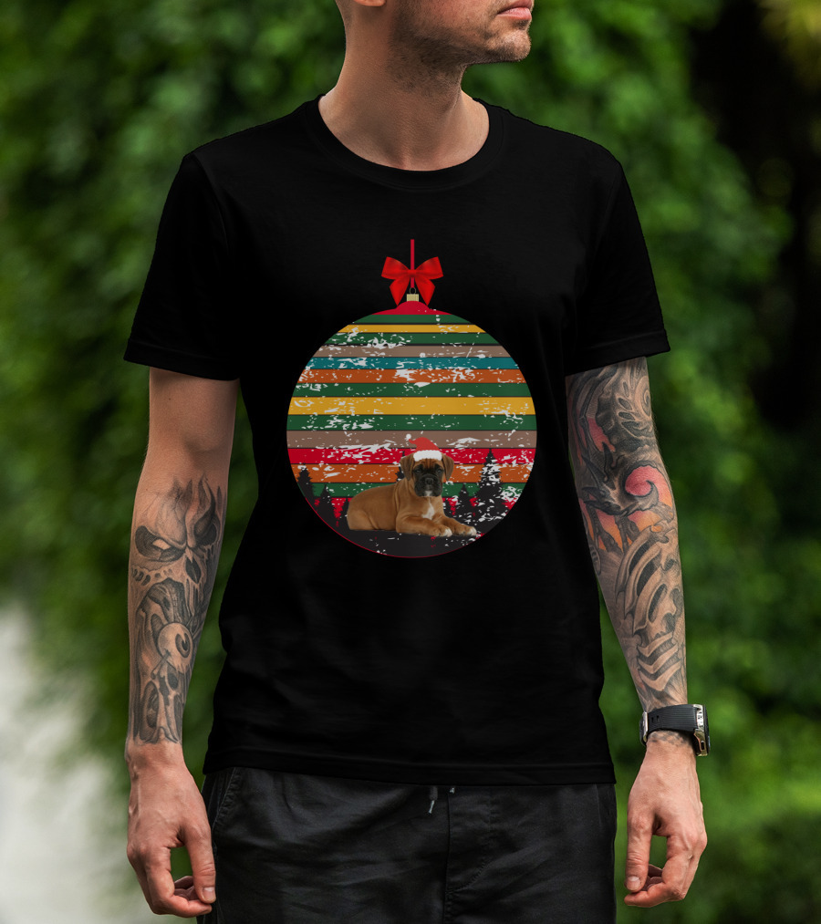 Christmas Vintage Boxer Puppy In Santa Hat Ornament With Stripes And Trees T-Shirt