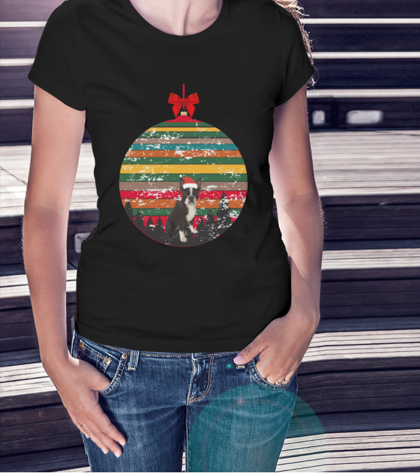 Christmas Boston Terrier Santa Hat Vintage Ornament Stripes Forest T-Shirt
