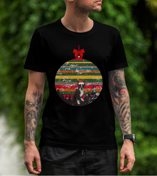 Christmas Boston Terrier Santa Hat Vintage Ornament Stripes Forest T-Shirt