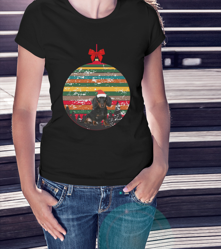 Christmas Dachshund In Vintage Festive Ornament With Santa Hat And Striped T-Shirt