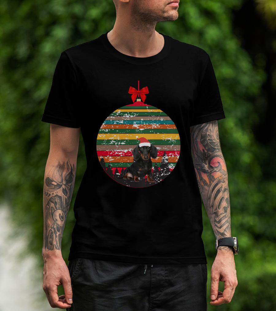 Christmas Dachshund In Vintage Festive Ornament With Santa Hat And Striped T-Shirt