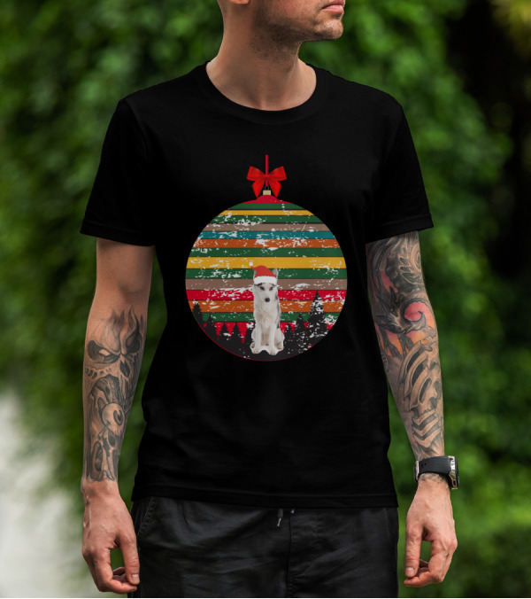 Christmas Husky With Santa Hat And Vintage Ornament Stripes T-Shirt