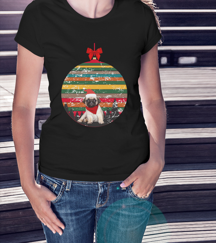 Festive Christmas Ornament With Vintage Pug And Striped Santa Hat And Scarf T-Shirt