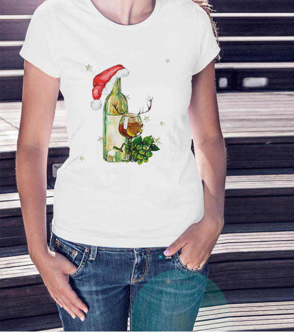 Santa Hat Wine Bottle With Antler Glass Christmas Grapes And Stars T-Shirt