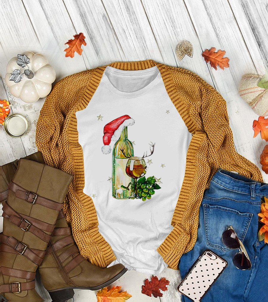 Santa Hat Wine Bottle with Antler Glass Christmas Grapes and Stars T-Shirt