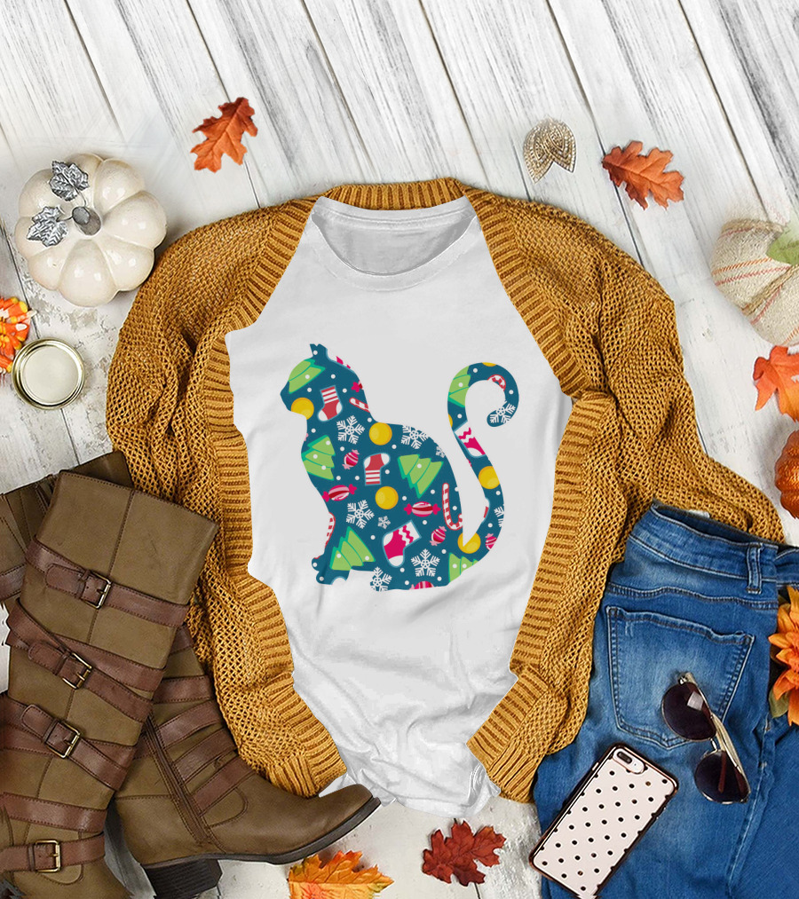Christmas Cat Silhouette with Festive Trees and Ornaments T-Shirt