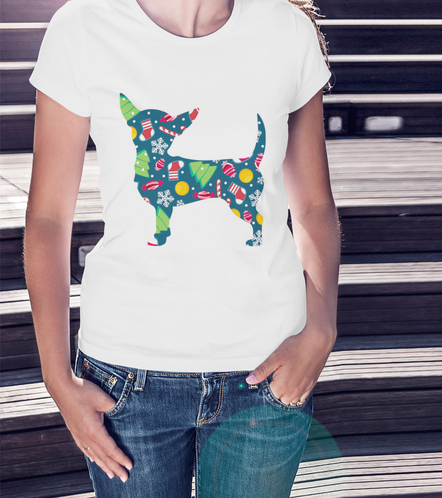 Chihuahua Christmas Candy Cane Snowflakes Holiday T-Shirt