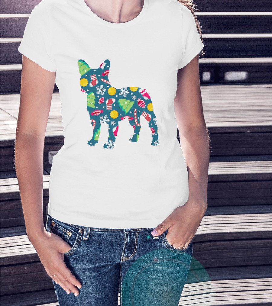 Dog Lover Christmas Frenchie Bulldog Pattern With Holiday Decorations T-Shirt