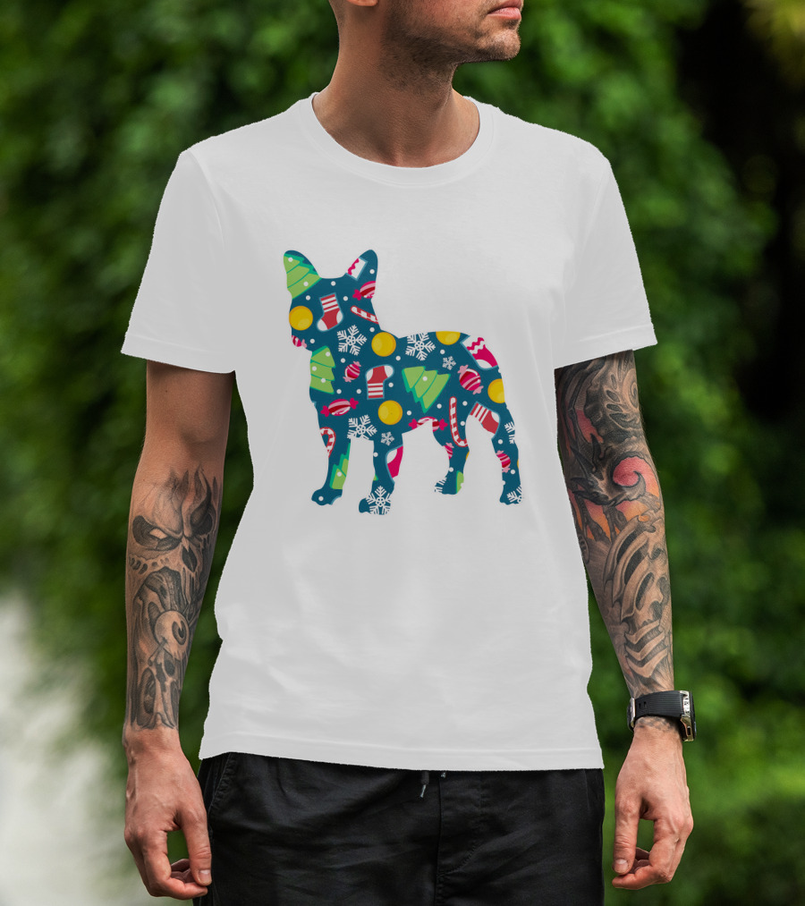 Dog Lover Christmas Frenchie Bulldog Pattern With Holiday Decorations T-Shirt