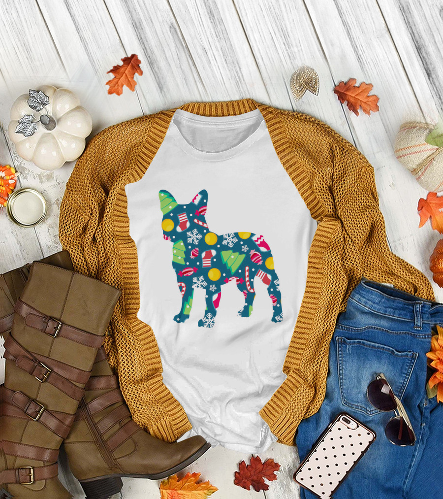 Dog Lover Christmas Frenchie Bulldog Pattern With Holiday Decorations T-Shirt