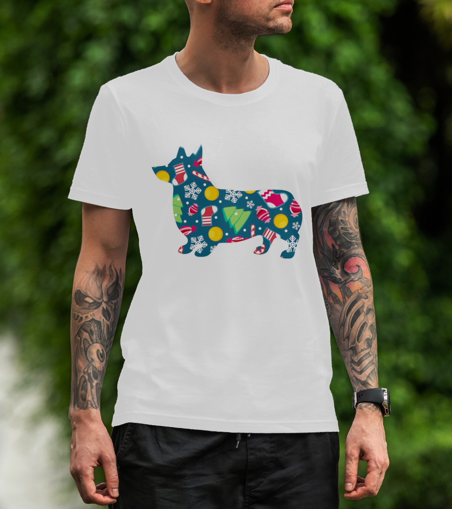Corgi Silhouette With Candy Canes Ornaments Snowflakes And Christmas Trees For Dog Lovers T-Shirt