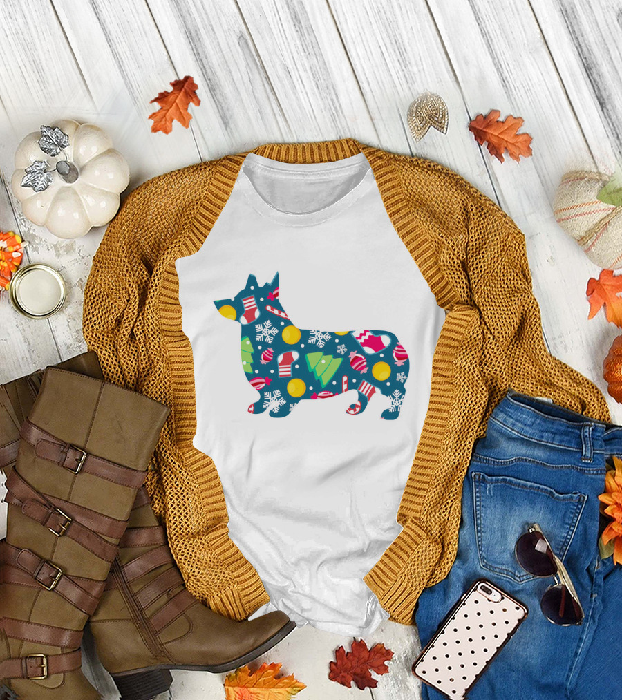 Corgi Silhouette with Candy Canes Ornaments Snowflakes and Christmas Trees for Dog Lovers T-Shirt