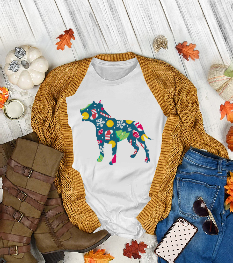 Dog Lover Christmas Pit Bull with Festive Floral and Holiday T-Shirt