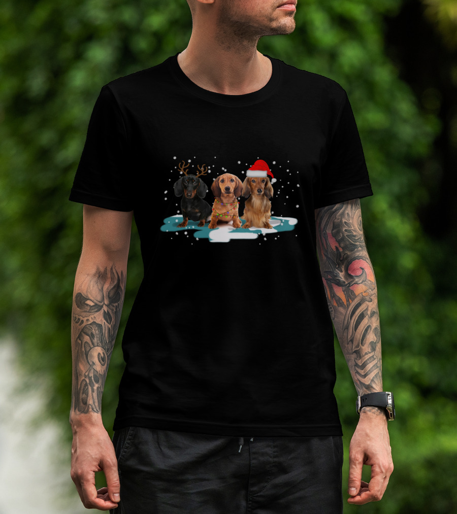 Dachshund Christmas Trio With Antlers And Santa Hat In Snowy Scene T-Shirt