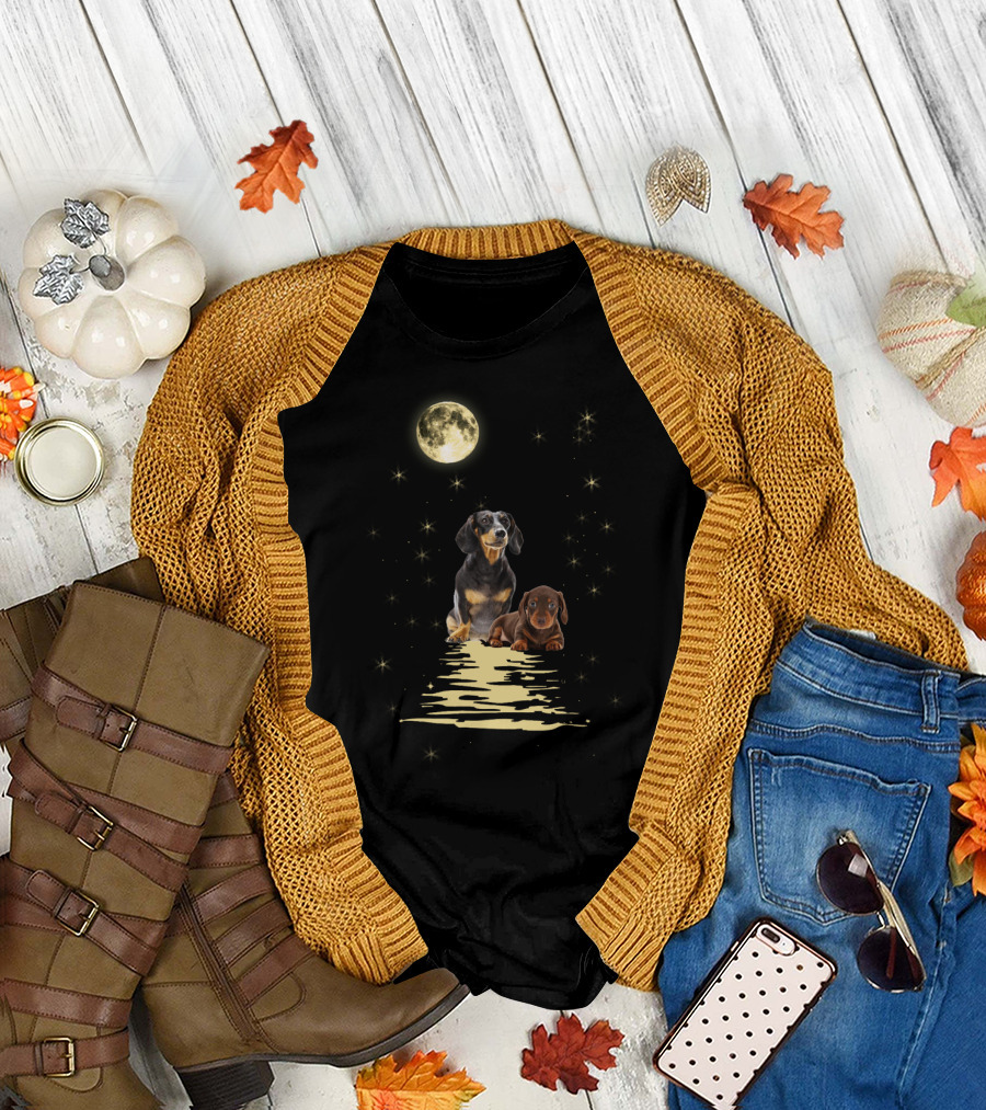 Dachshund Moonlight Reflections with Starry Night Sky T-Shirt