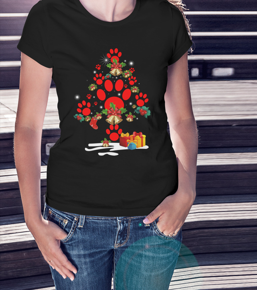 Dog Paw Christmas Tree With Bells And Holly T-Shirt