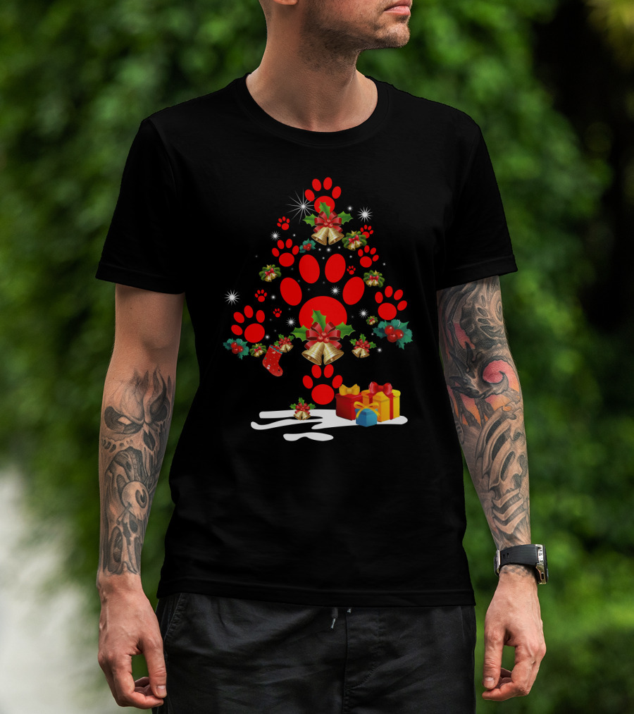 Dog Paw Christmas Tree With Bells And Holly T-Shirt