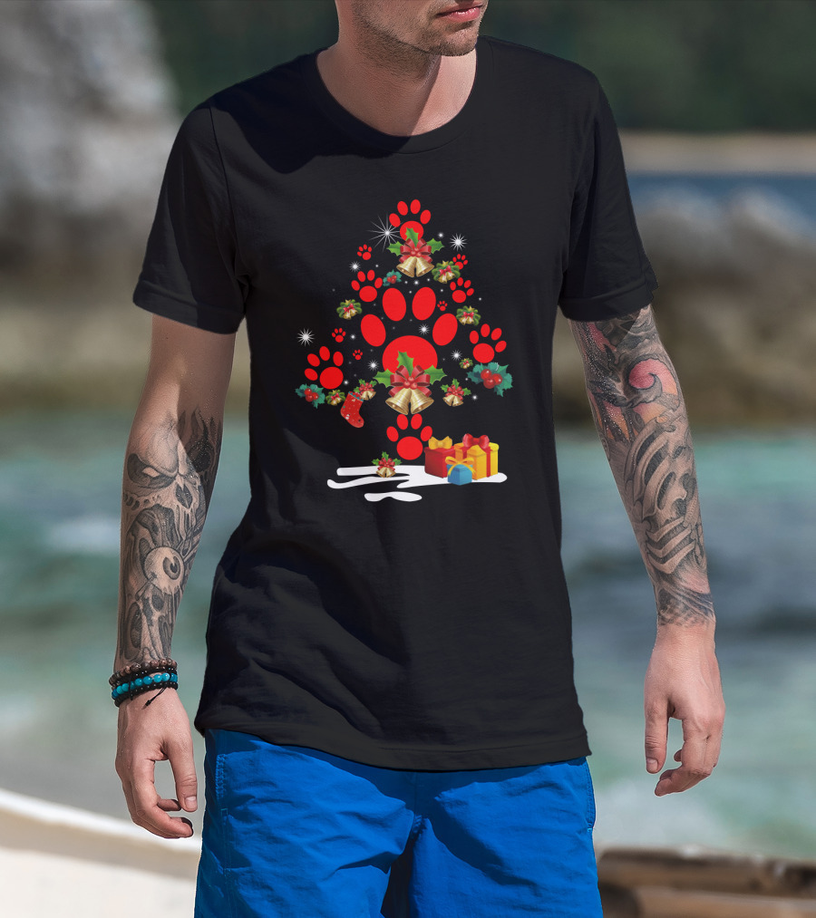 Dog Paw Christmas Tree With Bells And Holly T-Shirt
