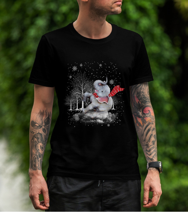 Elephant Christmas Snowflake Scarf Winter Forest Scene T-Shirt