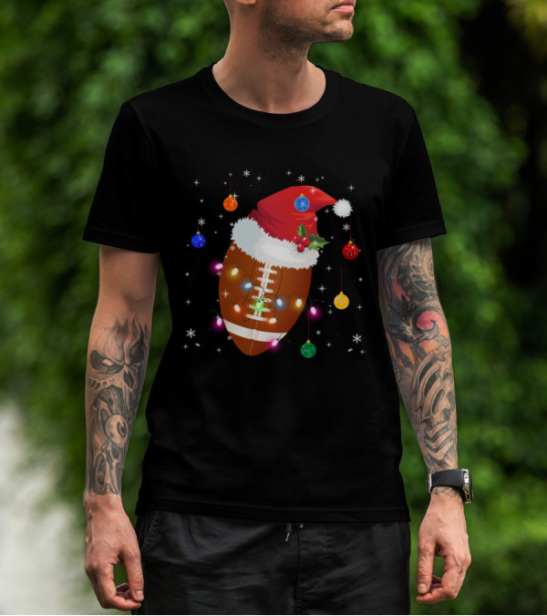 Christmas Football Santa Hat Ornaments Lights T-Shirt