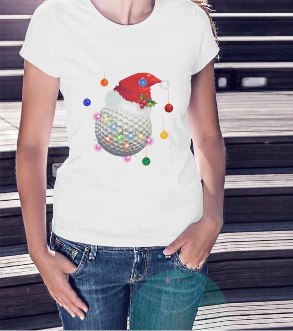 Christmas Golf Ball Santa Hat Holiday Lights T-Shirt