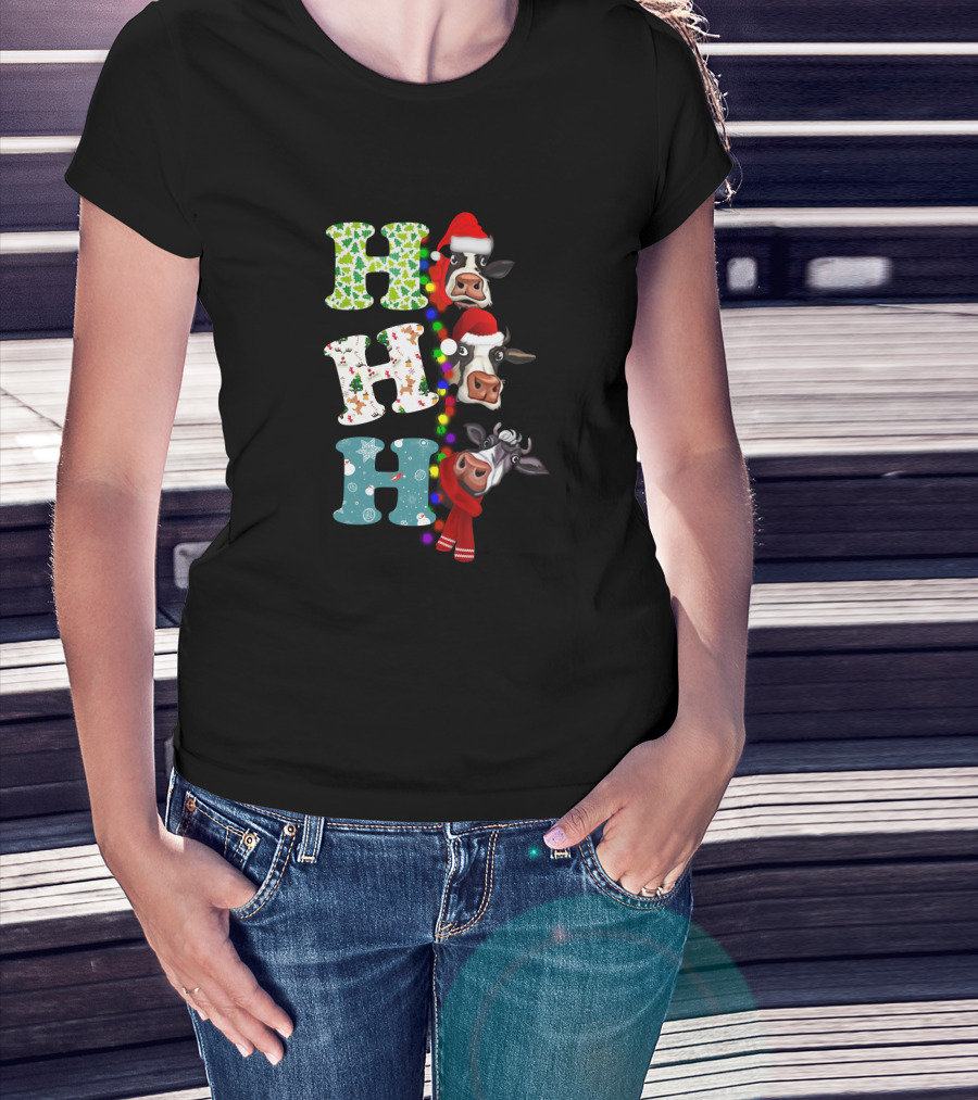 Hohoho Christmas Cow Santa Hat Scarf Lights T-Shirt
