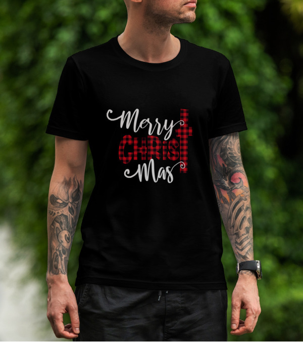 Merry Christ Mas Buffalo Plaid Cross T-Shirt