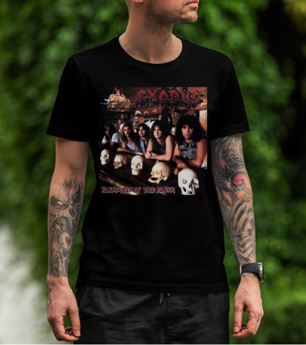 Exodus Pleasures Of The Flesh Album Cover With Band Members And Skulls T-Shirt