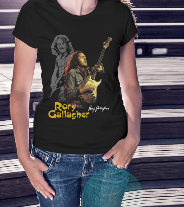 Rory Gallagher Playing Electric Guitar With Signature T-Shirt