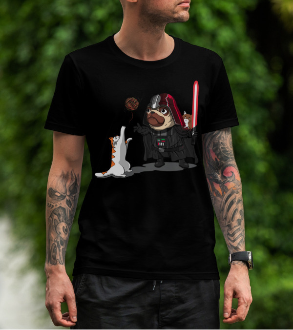 Pug Vader With Lightsaber And Cats Playing With Yarn Star Wars T-Shirt