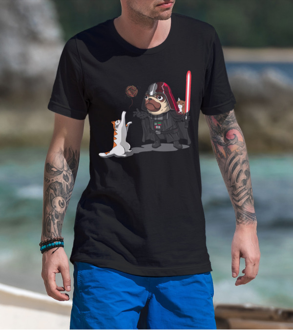Pug Vader With Lightsaber And Cats Playing With Yarn Star Wars T-Shirt