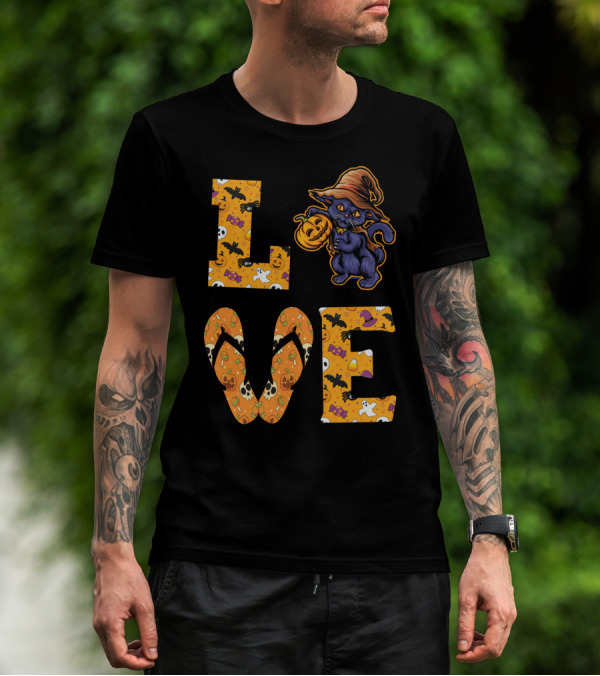 Love Halloween Cat With Witch Hat And Pumpkin T-Shirt